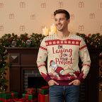 Man in Christmas sweater - By mantelpiece