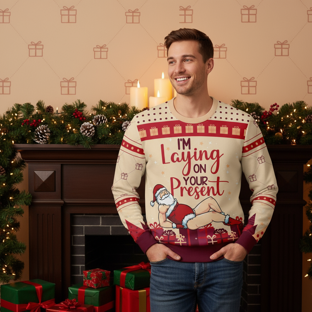 Man in Christmas sweater - By mantelpiece