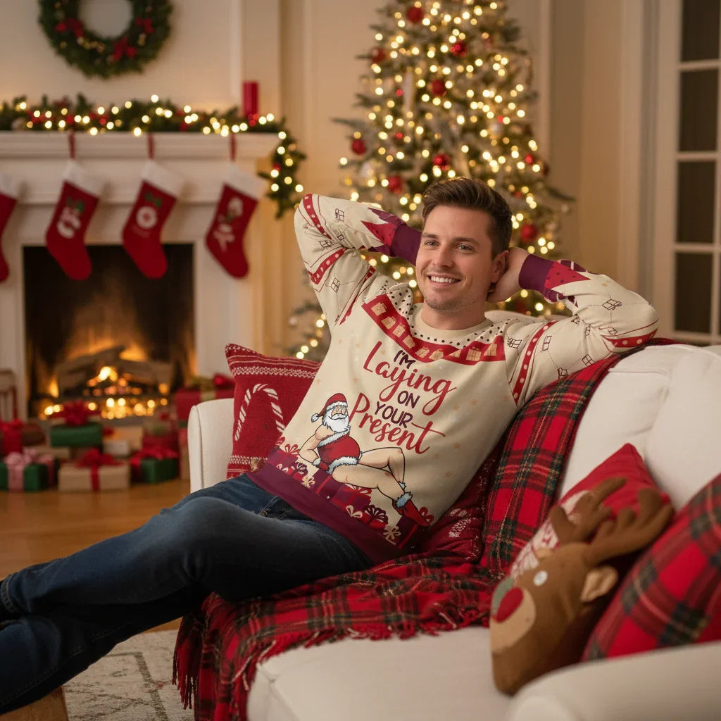 Man in Christmas sweater - Relaxing on sofa