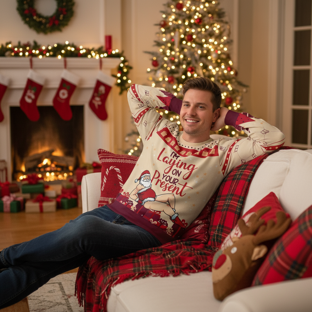 Man in Christmas sweater - Relaxing on sofa