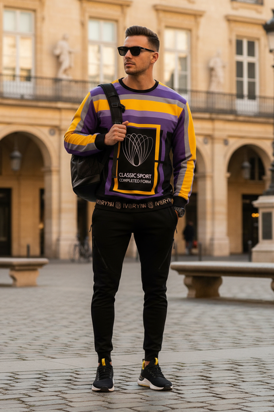 Man in luxury sport sweatshirt in European plaza