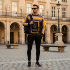 Man in luxury sport sweatshirt in European plaza