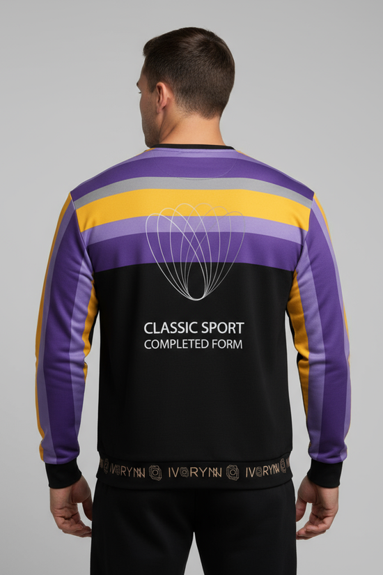 Man in luxury sweatshirt - back view with gray backdrop