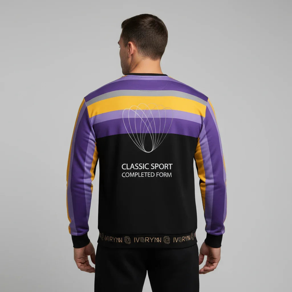 Man in luxury sweatshirt - back view with gray backdrop