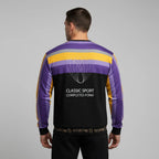 Man in luxury sweatshirt - back view with gray backdrop