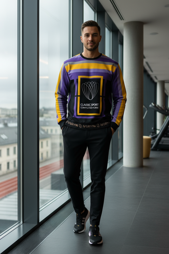 Man in luxury sweatshirt by sports club windows