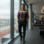Man in luxury sweatshirt by sports club windows