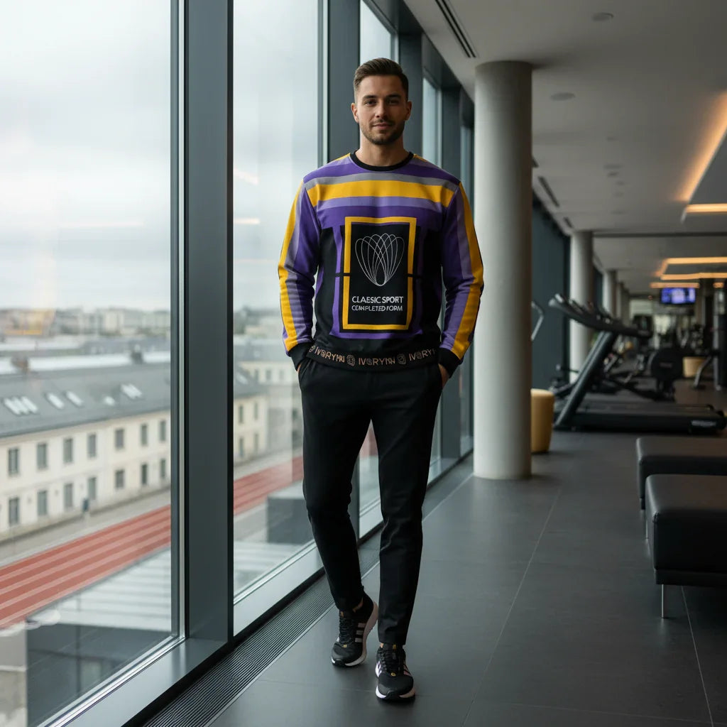Man in luxury sweatshirt by sports club windows