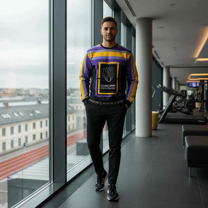 Man in luxury sweatshirt by sports club windows