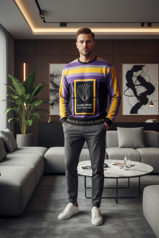 Man in luxury sweatshirt in European sports club lounge