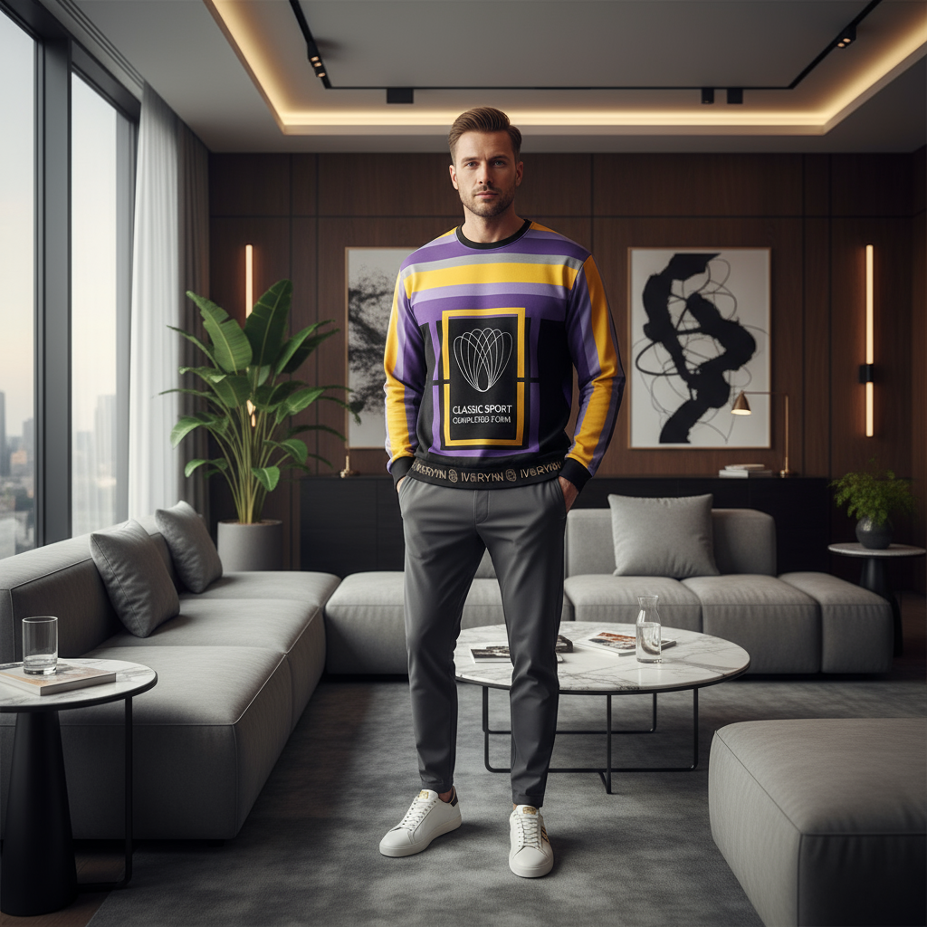 Man in luxury sweatshirt in European sports club lounge