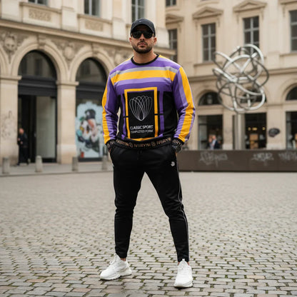 Man in luxury sweatshirt on European cobblestone street