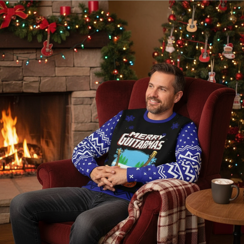 Man in Merry Guitarmas sweater - By fireplace