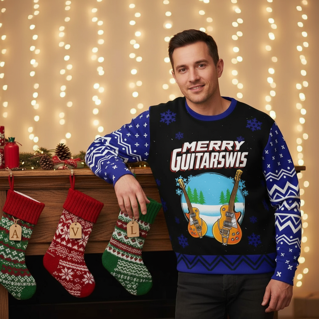 Man in Merry Guitarmas sweater - By mantle