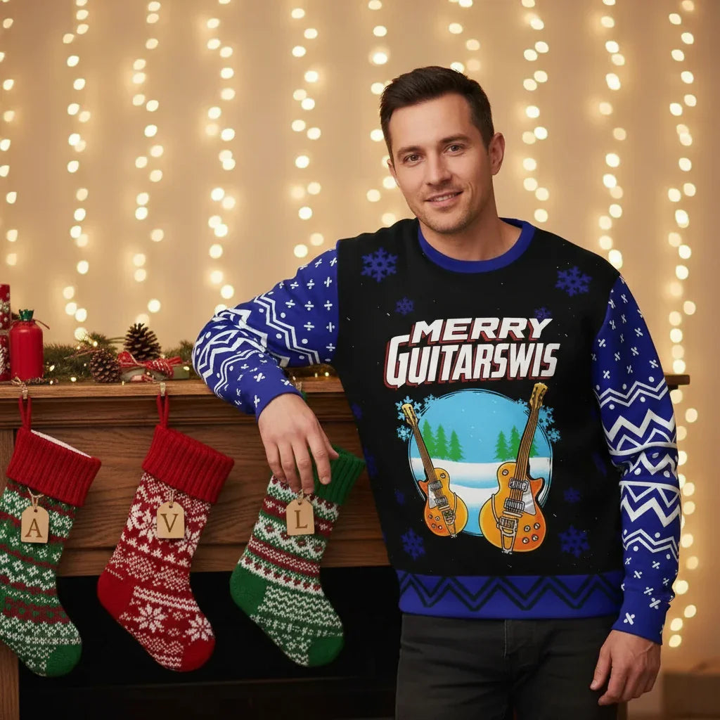 Man in Merry Guitarmas sweater - By mantle