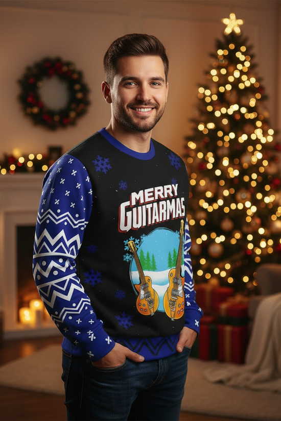 Man in Merry Guitarmas sweater - Three-quarter view