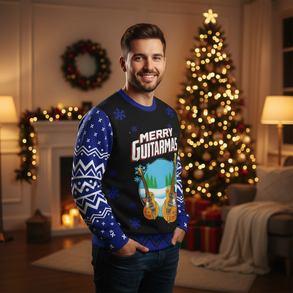 Man in Merry Guitarmas sweater - Three-quarter view
