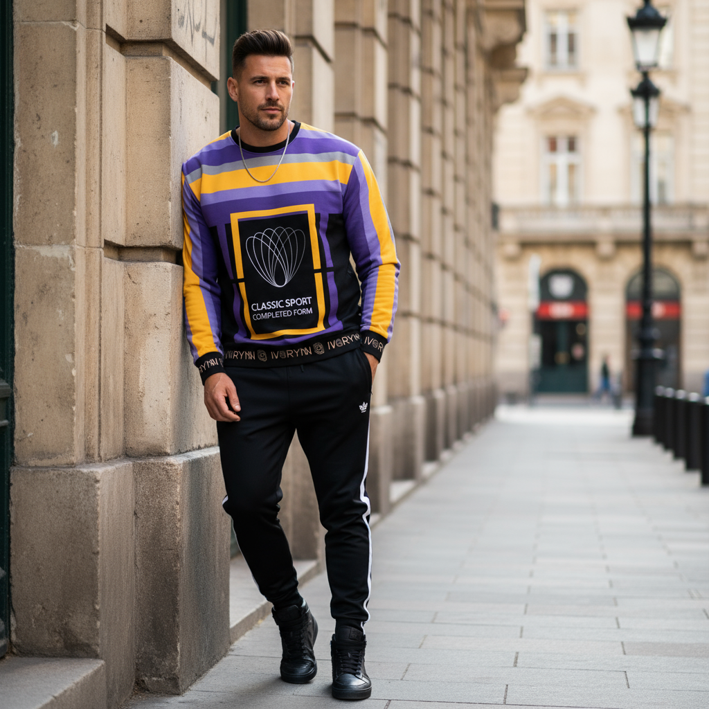 Man in sweatshirt against European building