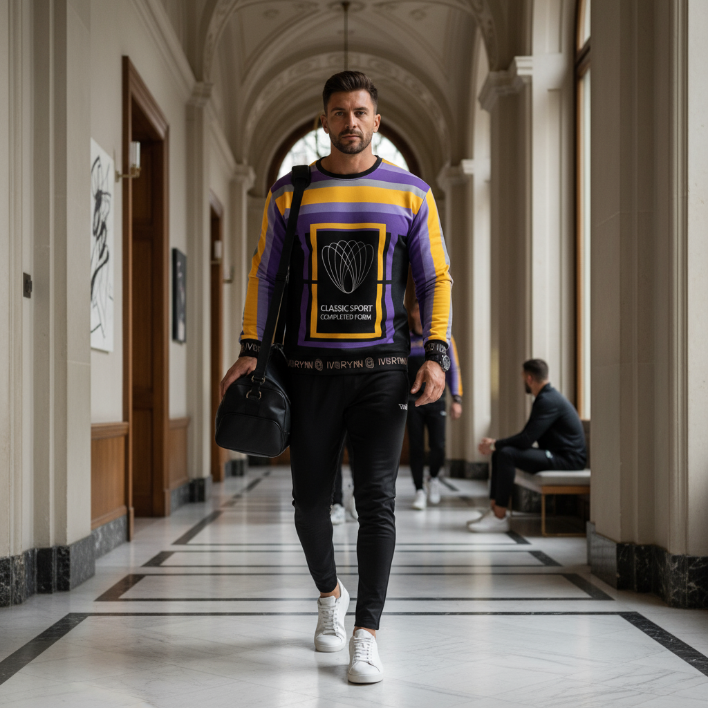 Man in sweatshirt walking through sports club hallway