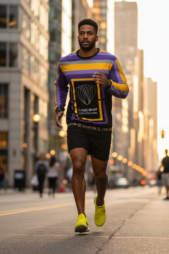 Man jogging in sweatshirt down city street