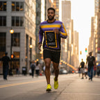 Man jogging in sweatshirt down city street