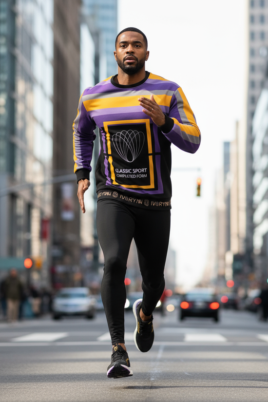 Man running in luxury sweatshirt on city street