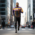 Man running in luxury sweatshirt on city street