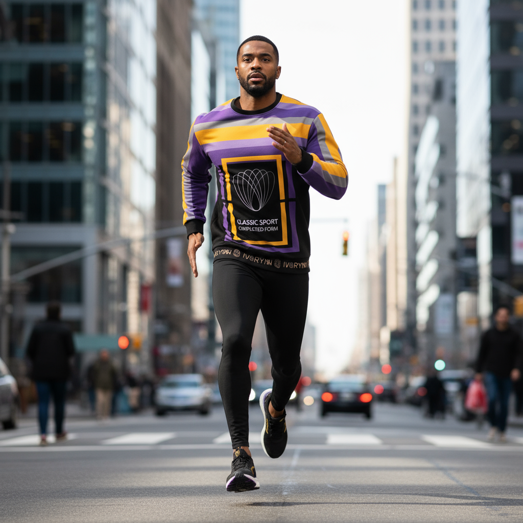 Man running in luxury sweatshirt on city street