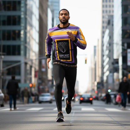 Man running in luxury sweatshirt on city street