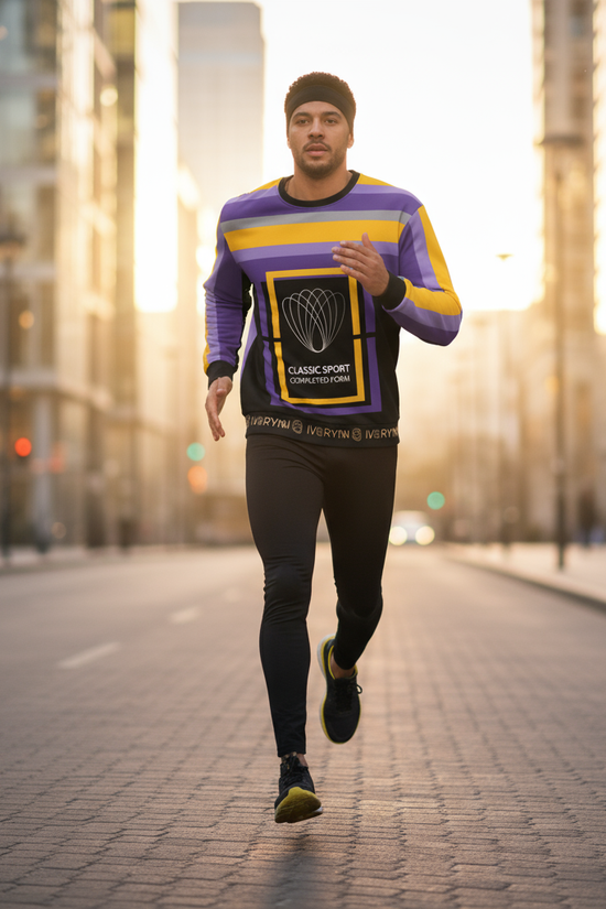 Man running in luxury sweatshirt on urban street