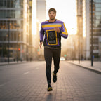 Man running in luxury sweatshirt on urban street