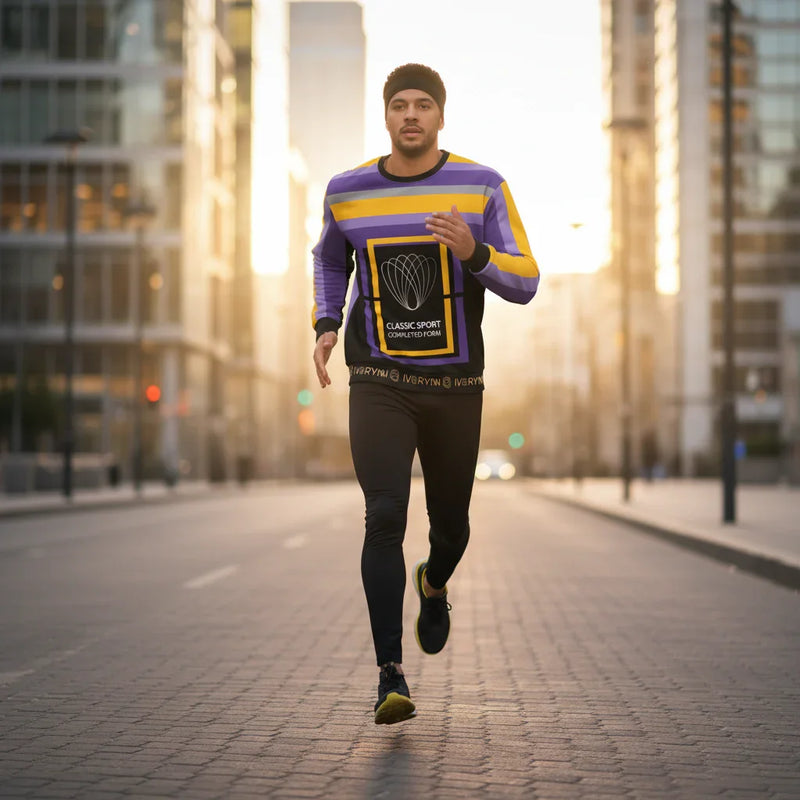 Man running in luxury sweatshirt on urban street