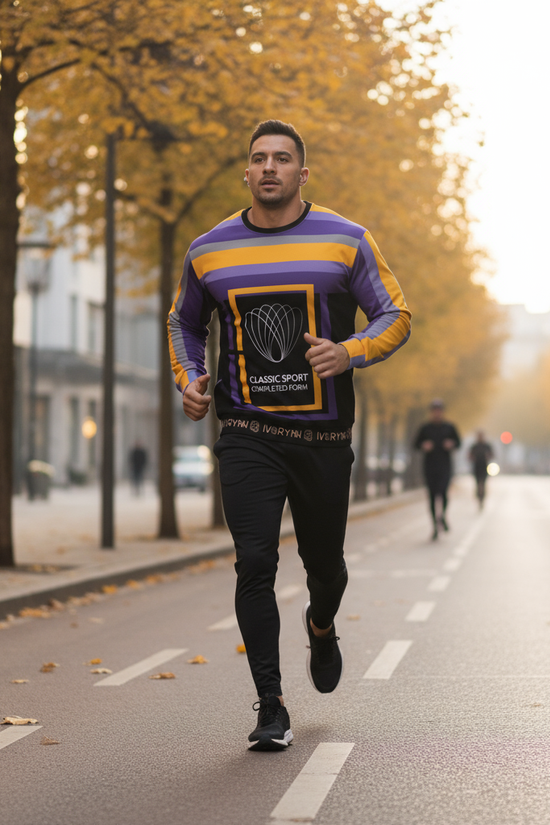 Man running in sweatshirt through tree-lined street