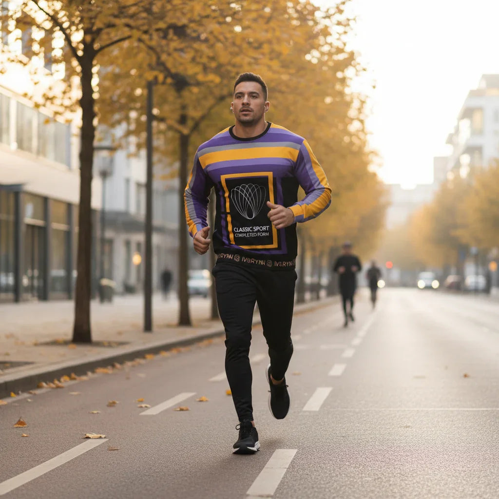 Man running in sweatshirt through tree-lined street