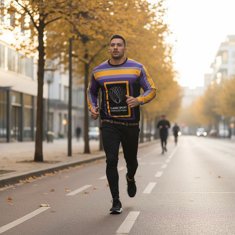 Man running in sweatshirt through tree-lined street