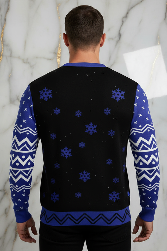 Man showing back of sweater