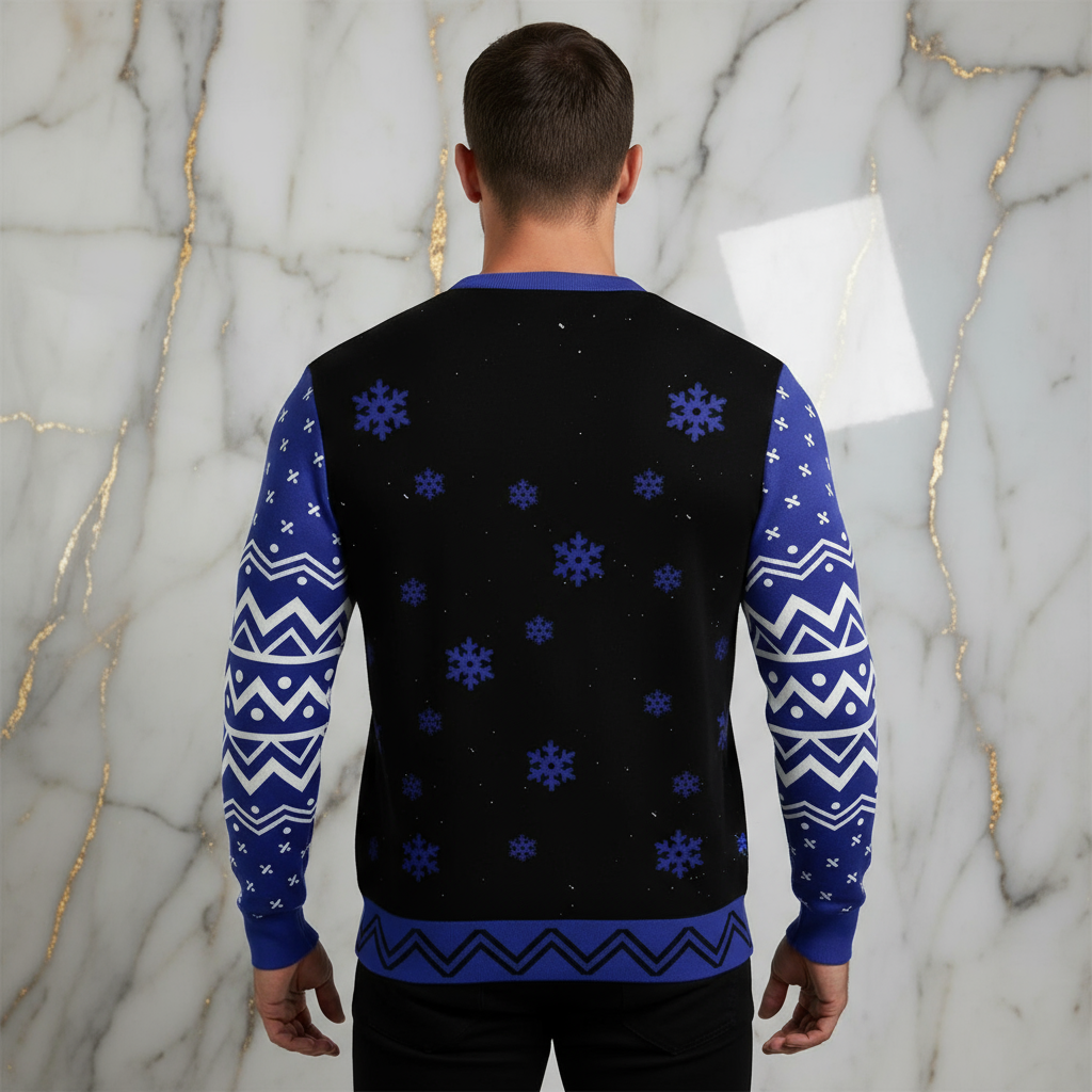 Man showing back of sweater