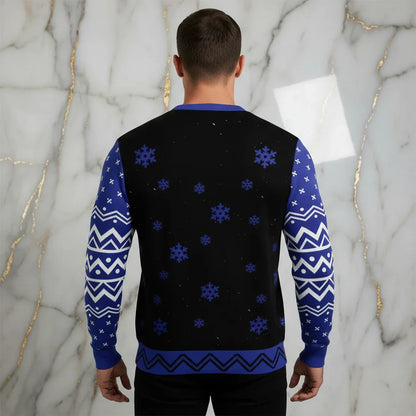 Man showing back of sweater