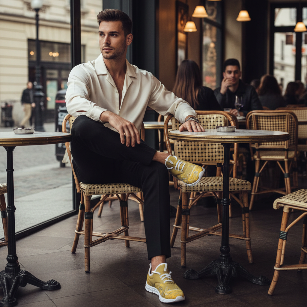 Man sitting with crossed leg showing sneaker