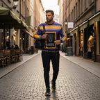 Man walking down narrow European street