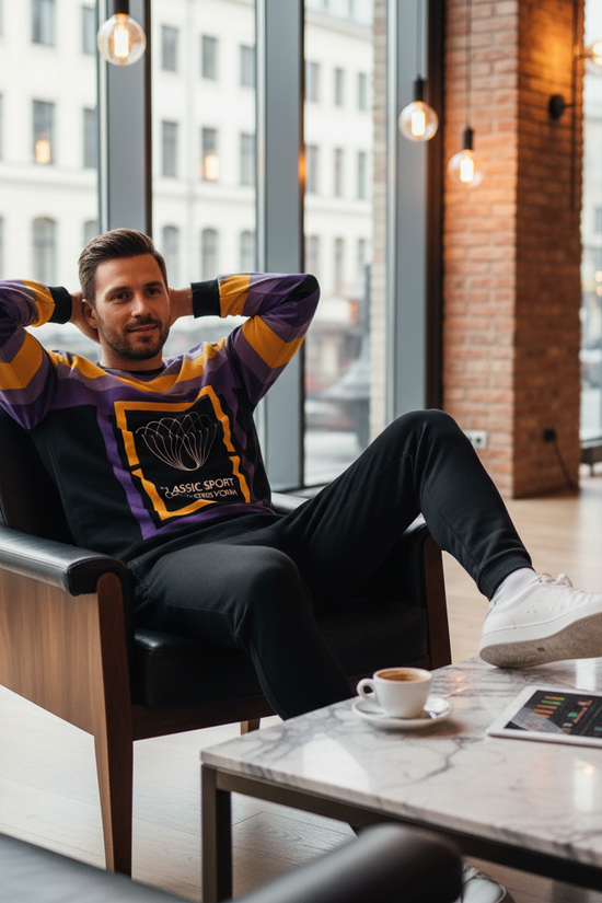 Man wearing sweatshirt in premium sports club cafe
