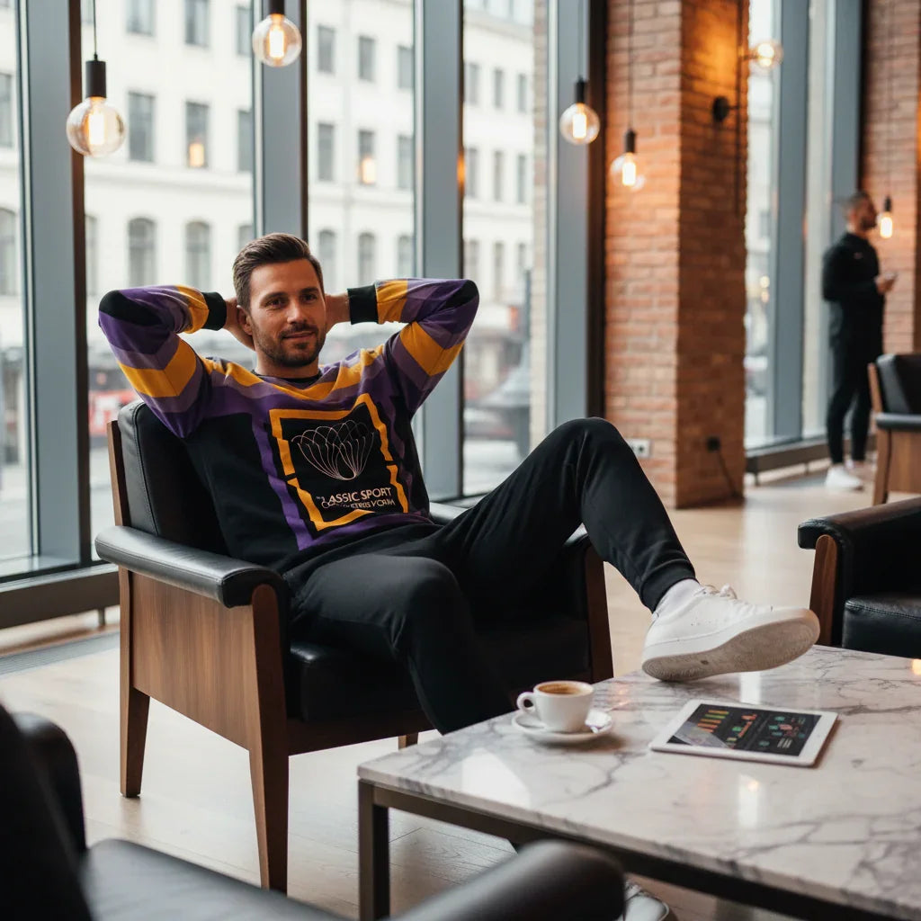 Man wearing sweatshirt in premium sports club cafe