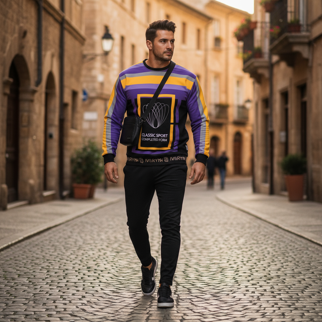 Man wearing sweatshirt walking through European street