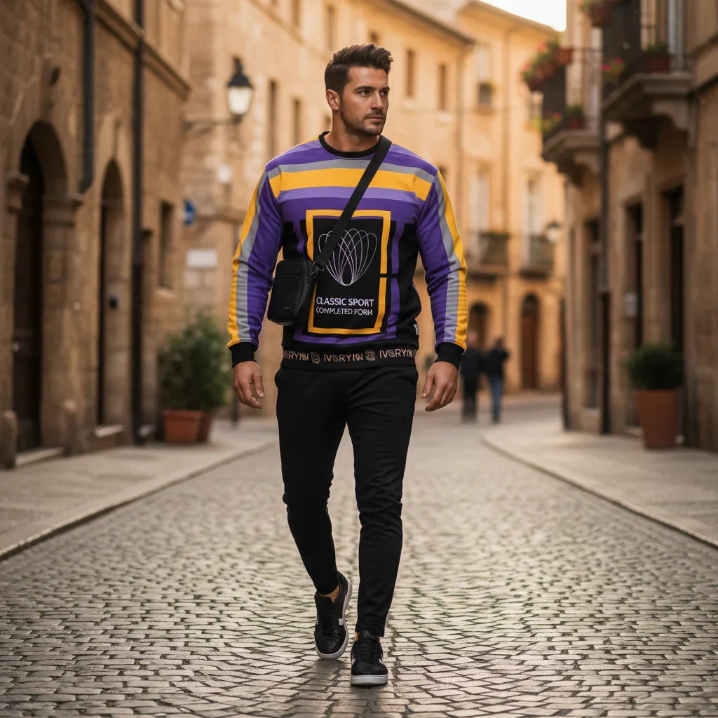 Man wearing sweatshirt walking through European street