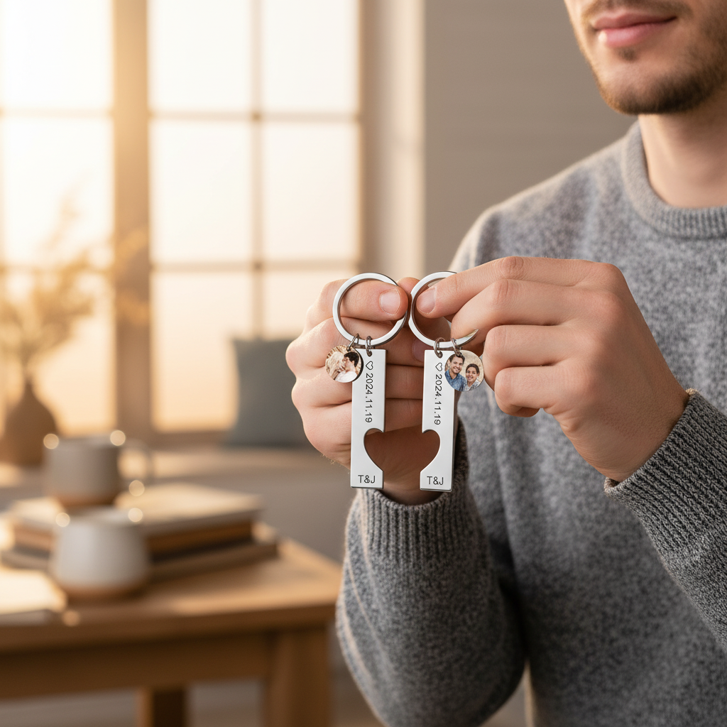 Man with matching keychains