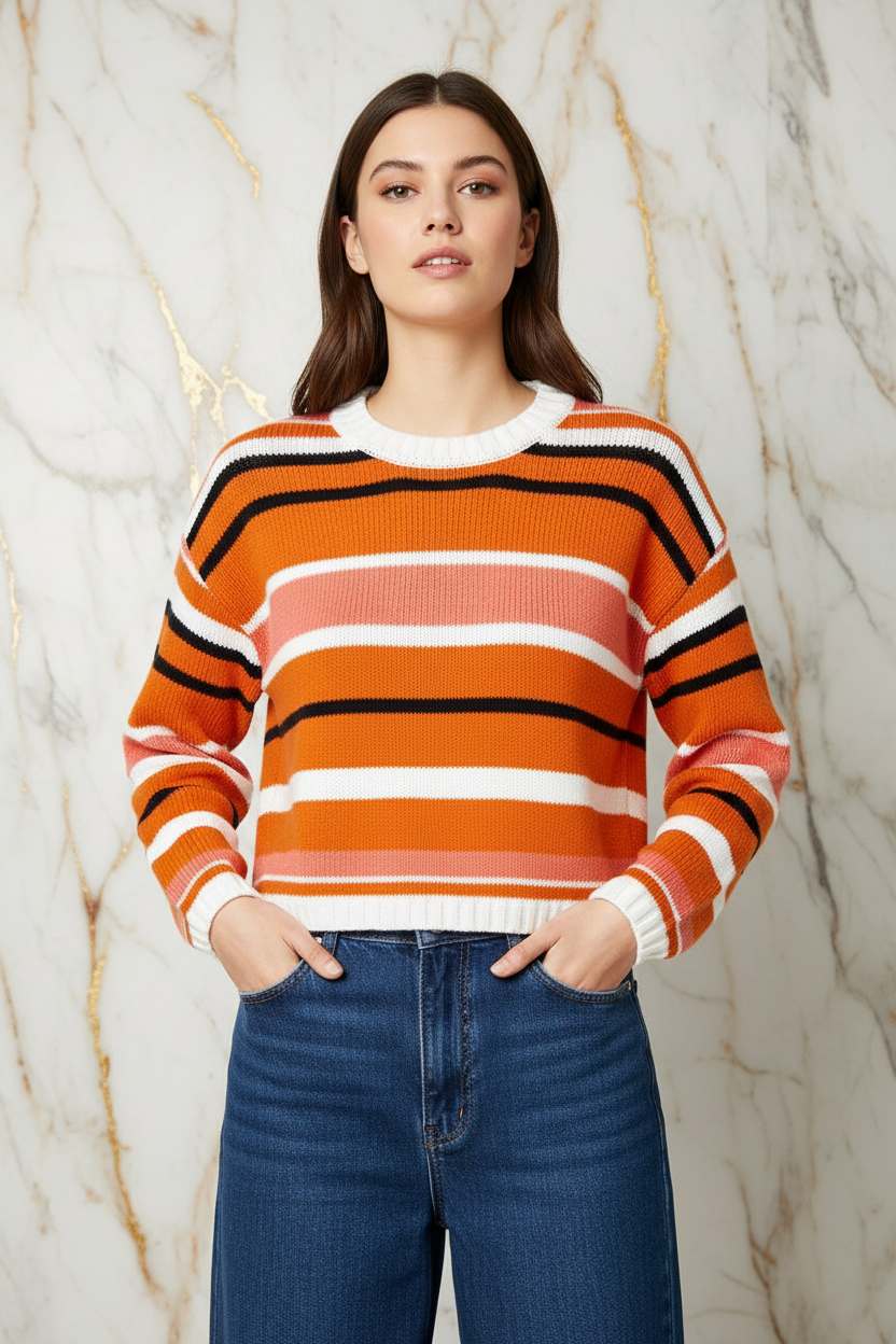 Mid-shot - styled with high-waisted bottoms