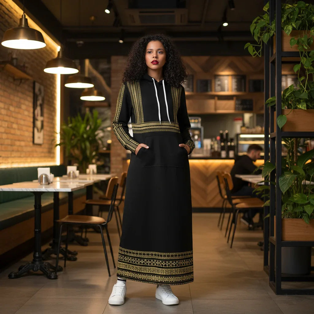 Woman in stylish black and gold long dress at modern cafe, contemporary fashion setting