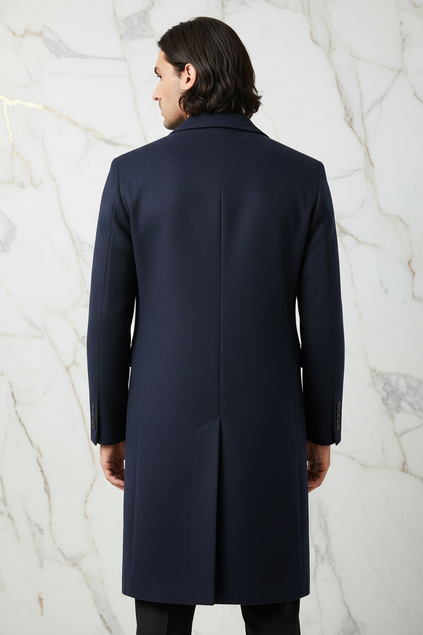 Navy Blue Wool Coat - Back View