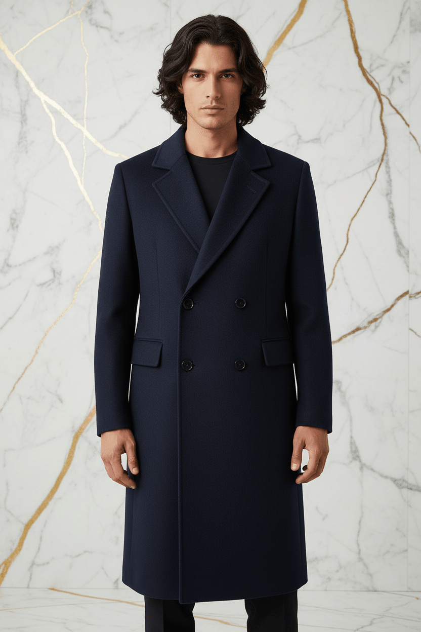 Navy Blue Wool Coat - Front View