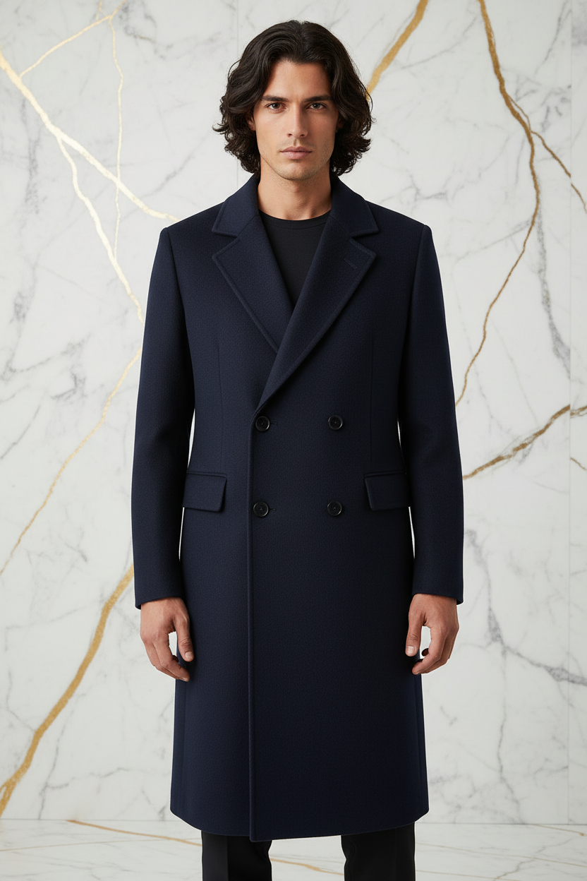 Navy Blue Wool Coat - Front View